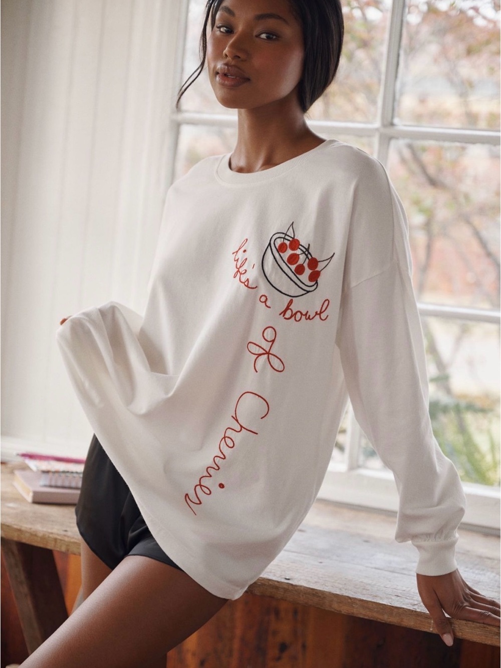 Anthropologie LYREBIRD EMBROIDERED Life’s a bowl of cherries LONG-SLEEVE T-SHIRT